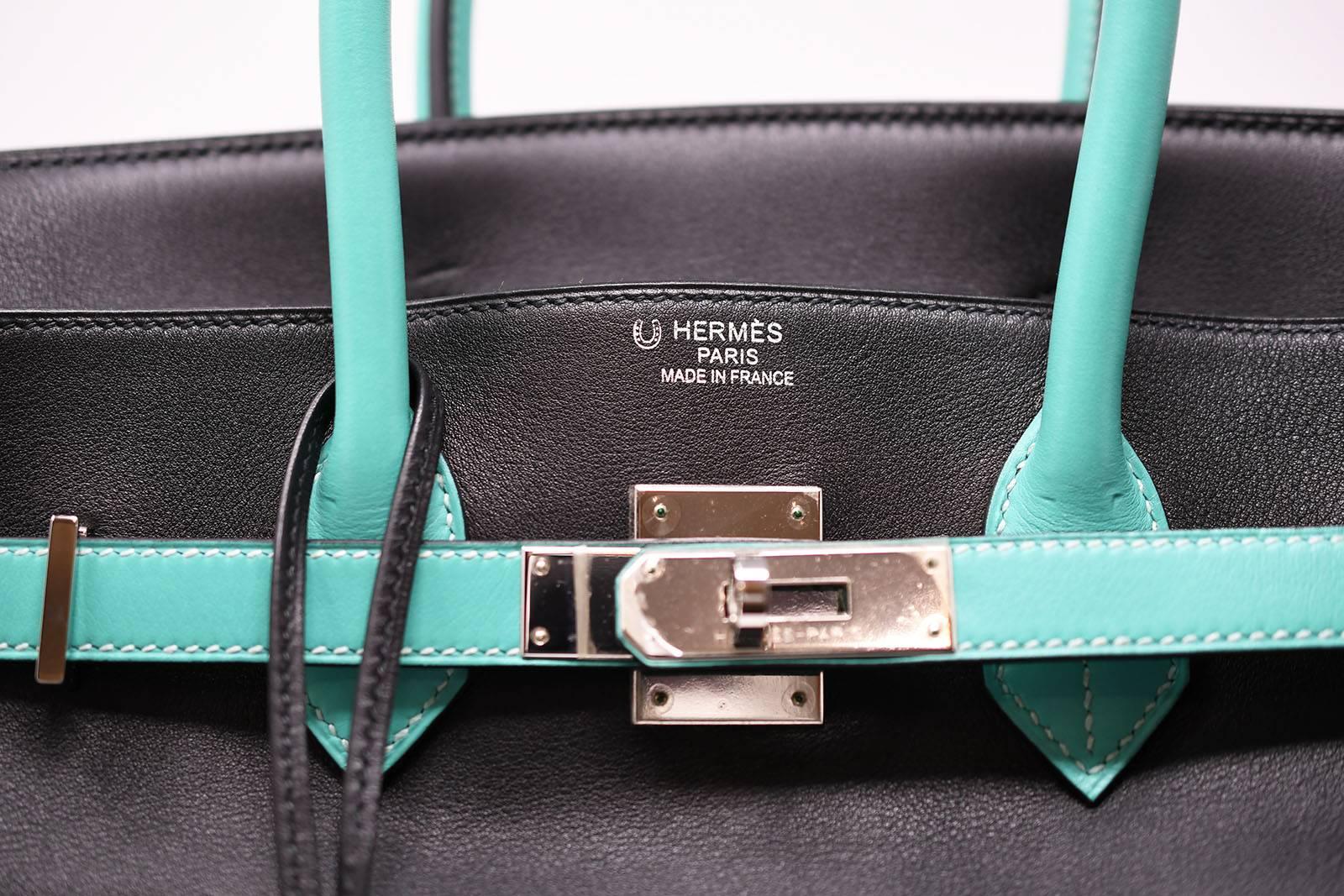 Hermes Birkin Bag 35cm HSS Bi Color Black and Lagoon PHW In New Condition For Sale In Newport, RI