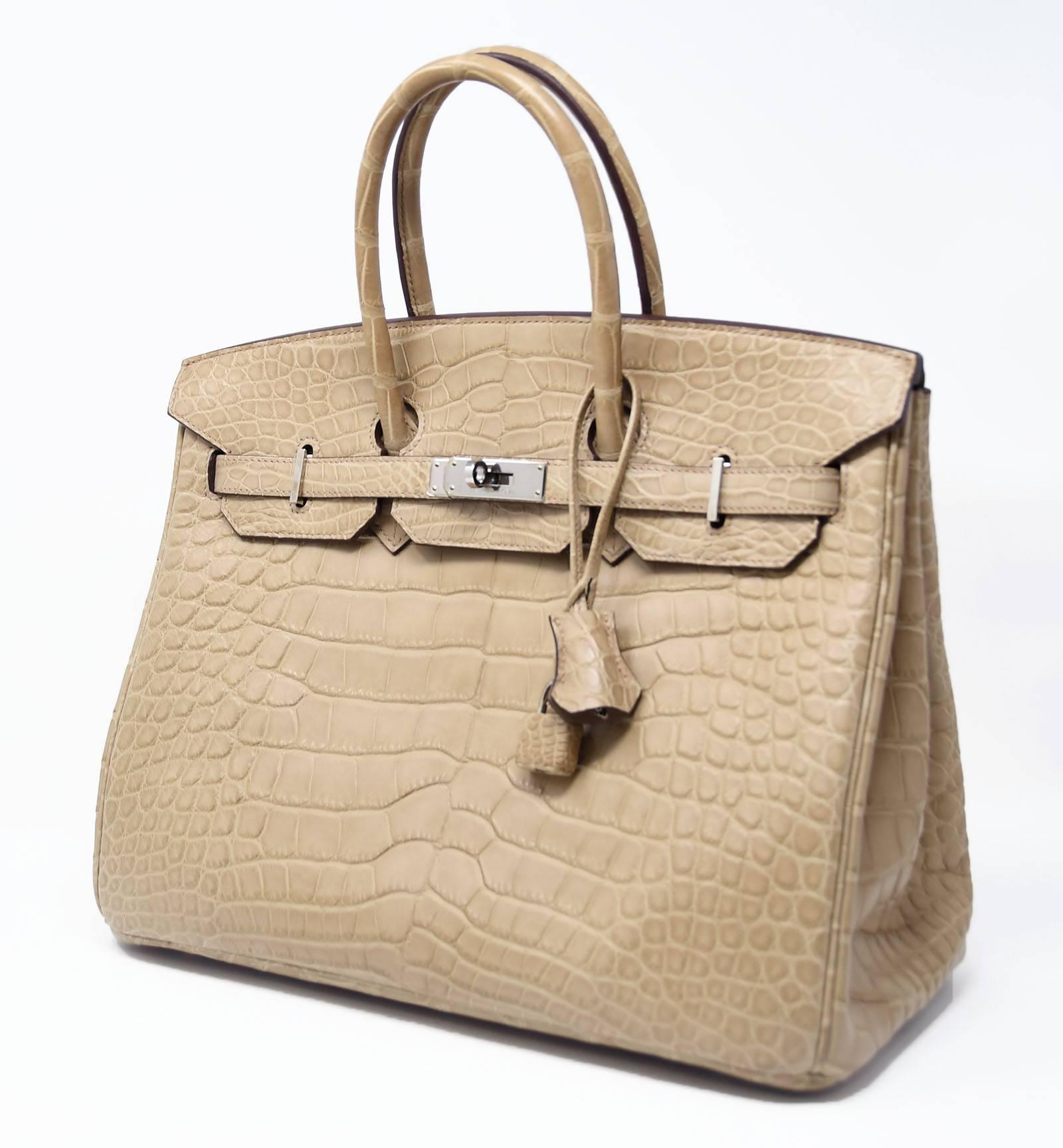 Extremely rare Hermes Birkin in Natural Matte Alligator with Palladium hardware. New with Plastic on hardware. Fabulous all year round. Includes the original Hermes box with sleepers, raincoat, lock keys and clochette.  Crafted in matte Poussiere