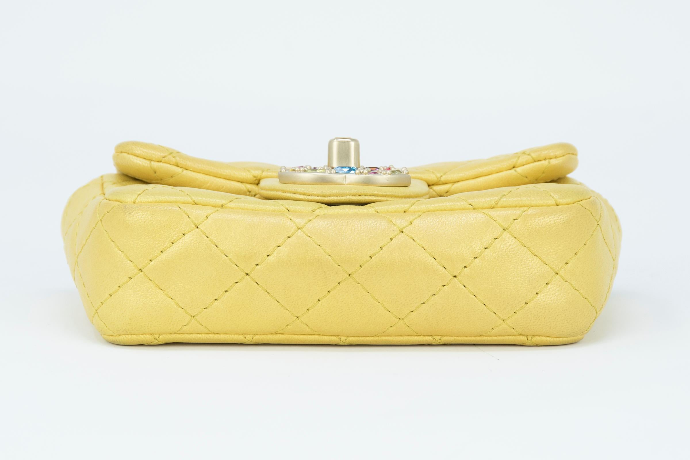 Chanel Mini Yellow Double Flap Bag with Rhinestone Hardware In New Condition In Newport, RI