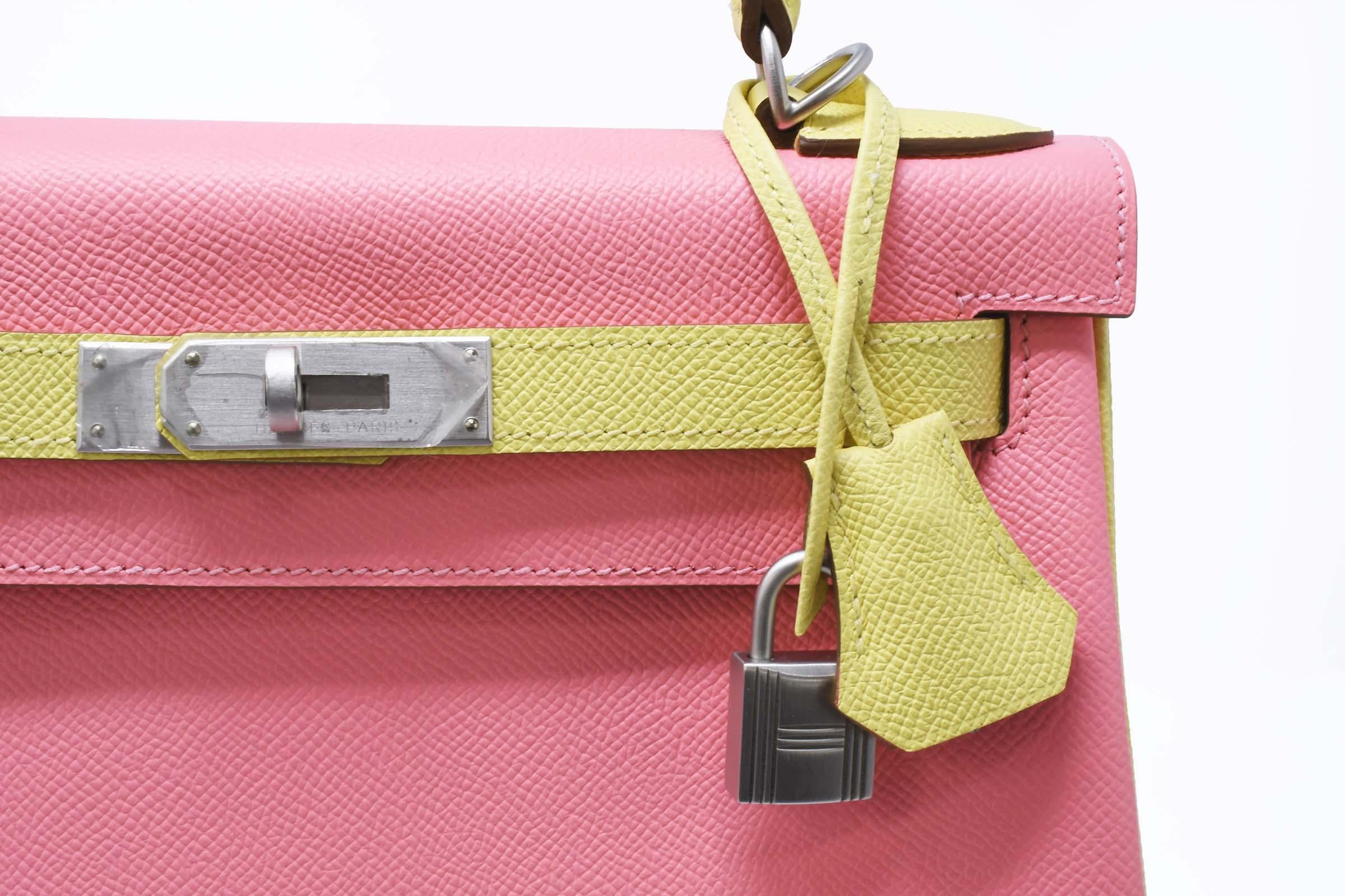 Pink  Hermes Kelly Bi-Color Jaune Poussin and Rose Confetti PHW For Sale