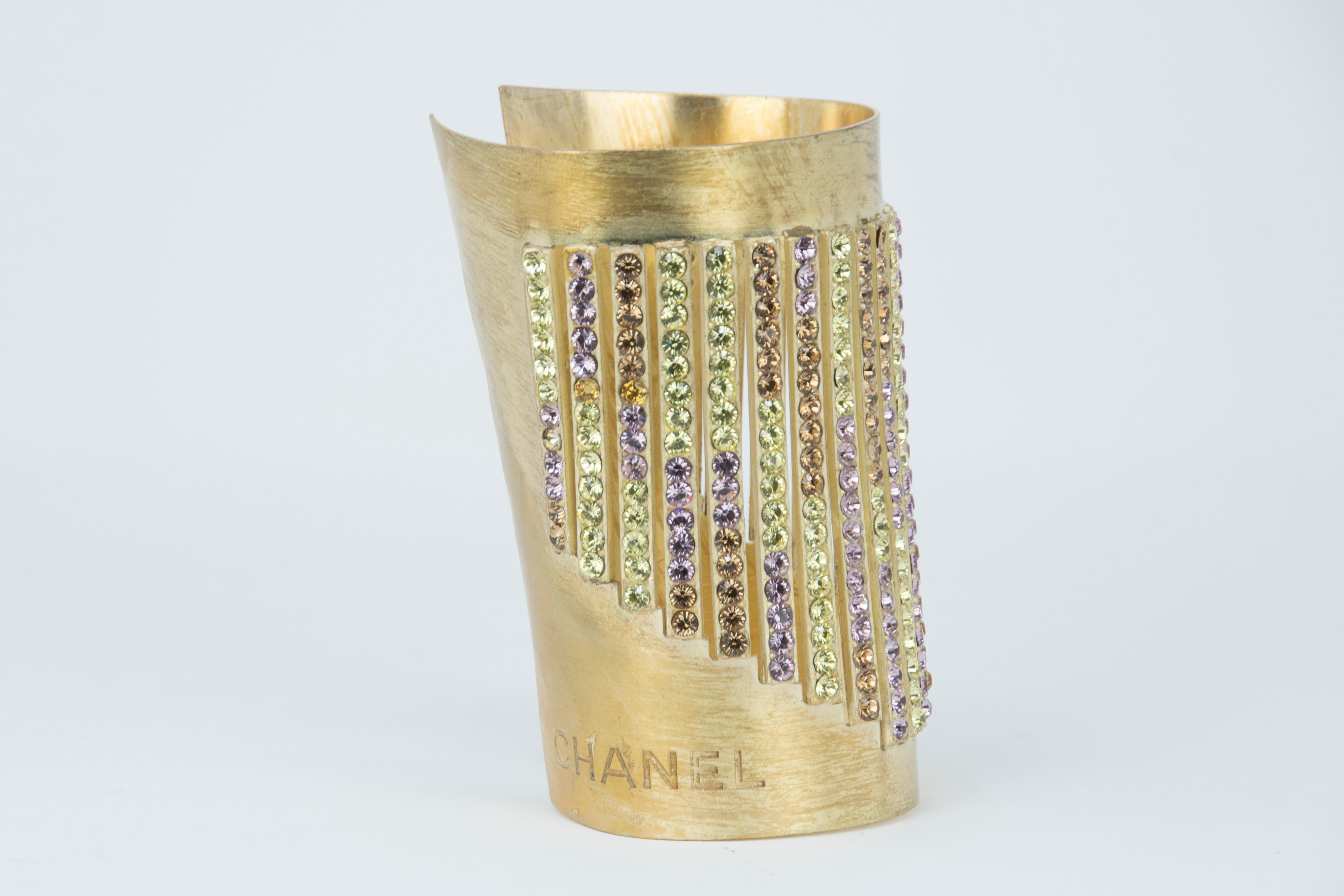 Chanel Gold Cuff with Multicolored Rhinestones In New Condition For Sale In Newport, RI