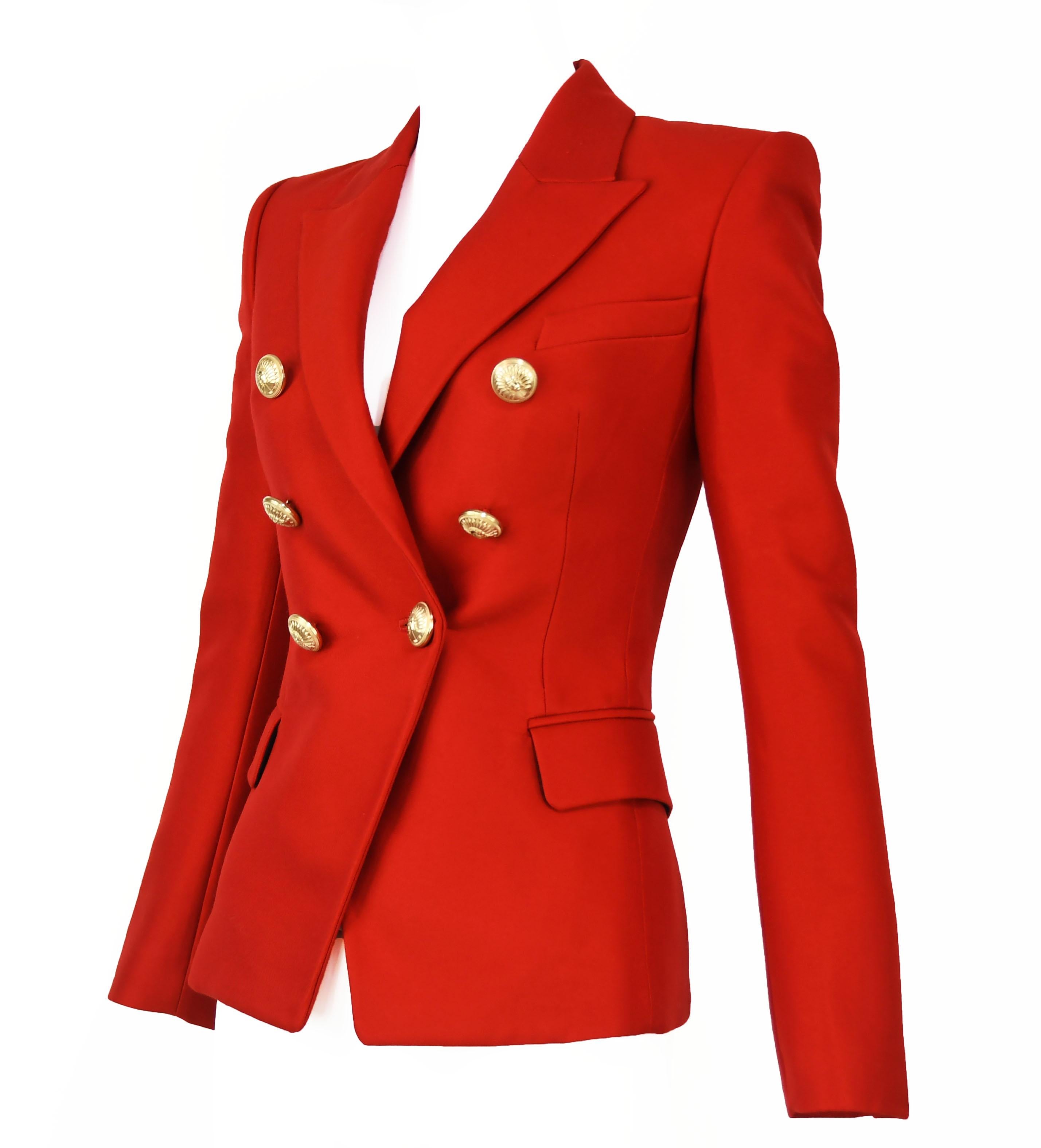 Balmain red double breasted blazer with gold Indian buttons.  Shell is 74% viscose and 26% silk.  Brand new with original tags.