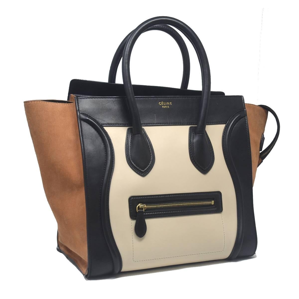 Company-Celine
Model-Mini Luggage
Color-Tri-Color Beige, Black and Brown
Date Code-S-SA-0112 S-CU-0112
Material-Beige and Black Leather / Brown Suede
Measurements-12