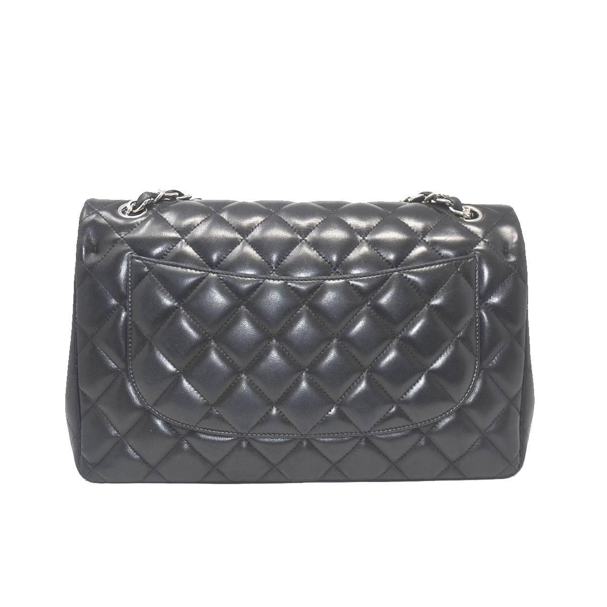 Chanel Black Double Flap Made from Lambskin with Silver Hardware and Card In Excellent Condition In Boca Raton, FL