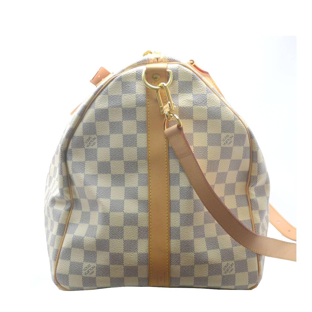 Company-Louis Vuitton
Model-Keepall BANDOULIERE 55 Damier Azur
Color-white
Date Code-DU3141
Material-Canvas
Measurements-21.7 x 12.2 x 9.4
Strap-Adjustable shoulder strap
Outside-Lightly used
Inside-No Stains or Rips
Outside Pockets-N/A
Inside