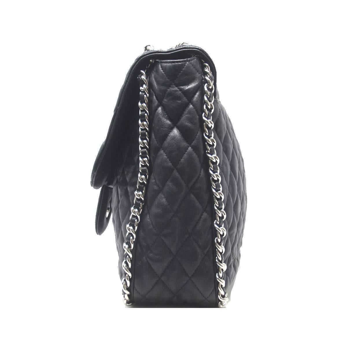 Chanel Black Maxi Silver Chain Around the Handbag Hardware With Card In Excellent Condition In Boca Raton, FL