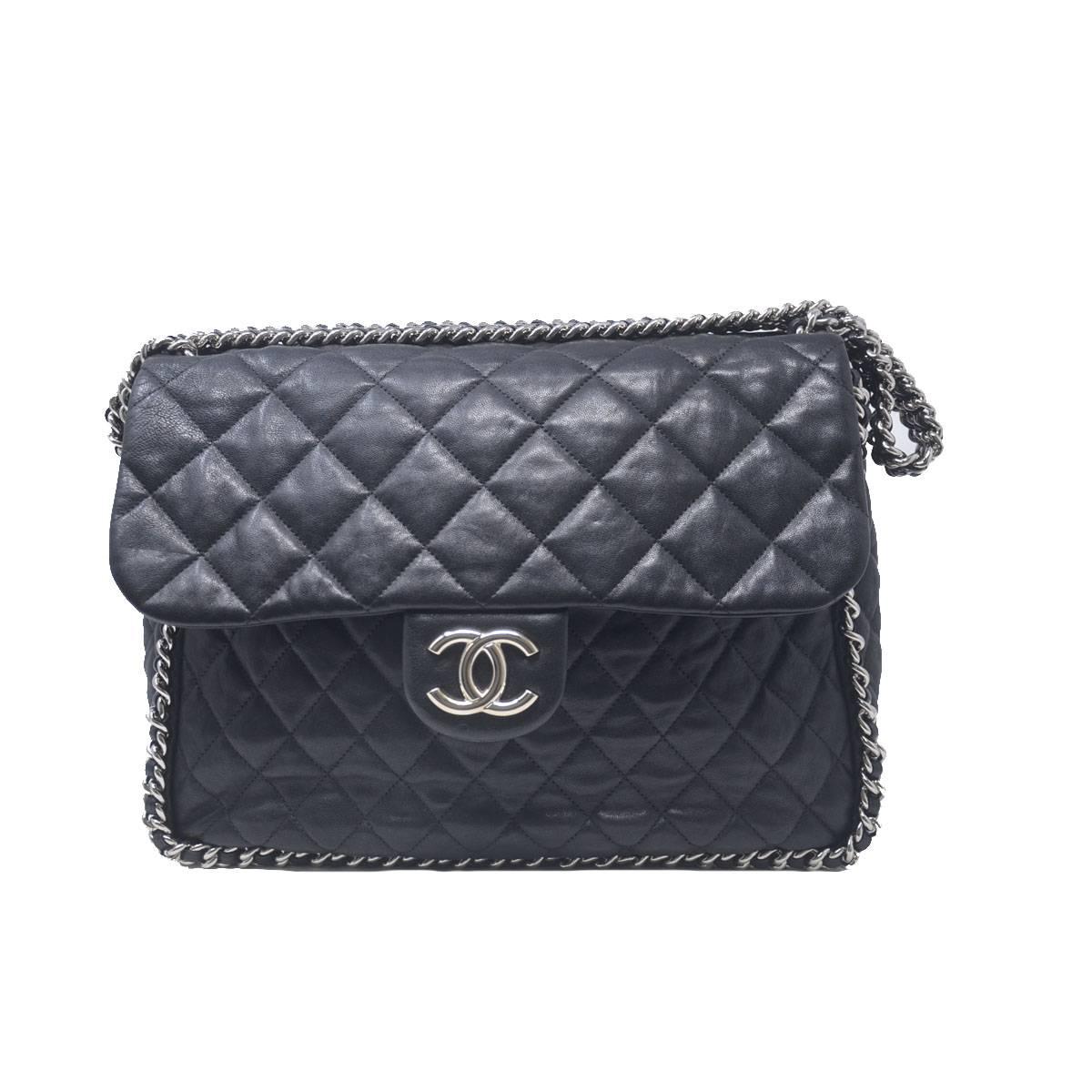 Chanel Black Maxi Silver Chain Around the Handbag Hardware With Card 2