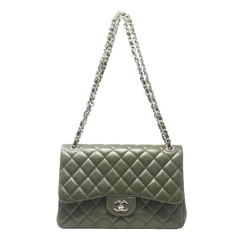 Chanel Olive Green Jumbo Double Flap Shoulder Bag With Card