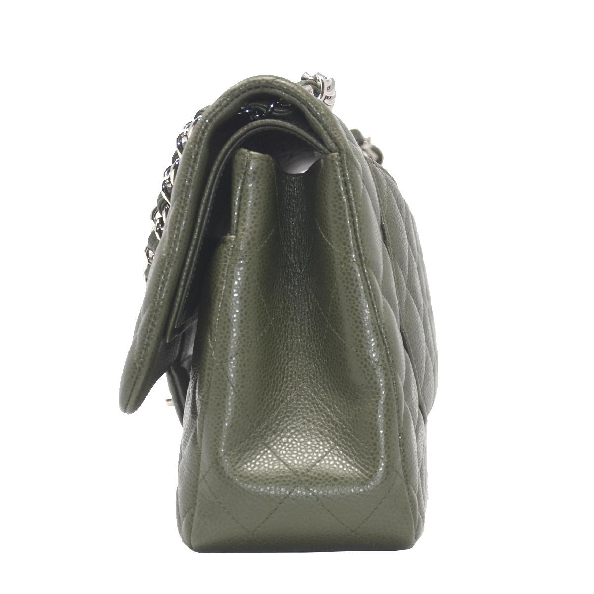 Gray  Chanel Olive Green Jumbo Double Flap Shoulder Bag With Card  