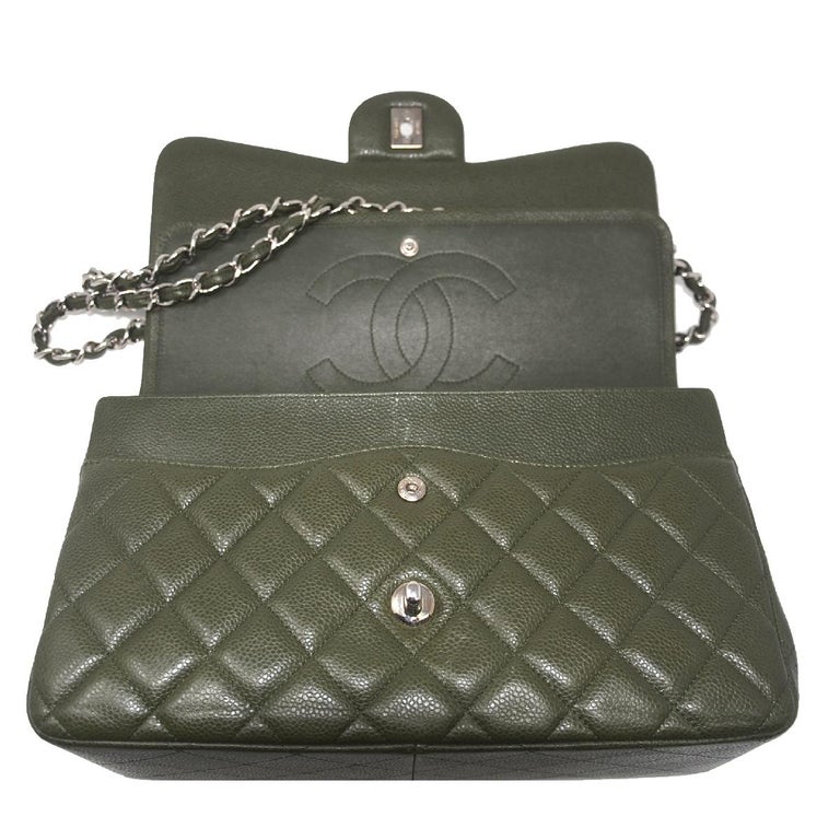 Chanel Quilted M/L Medium Double Flap Iridescent Olive Green