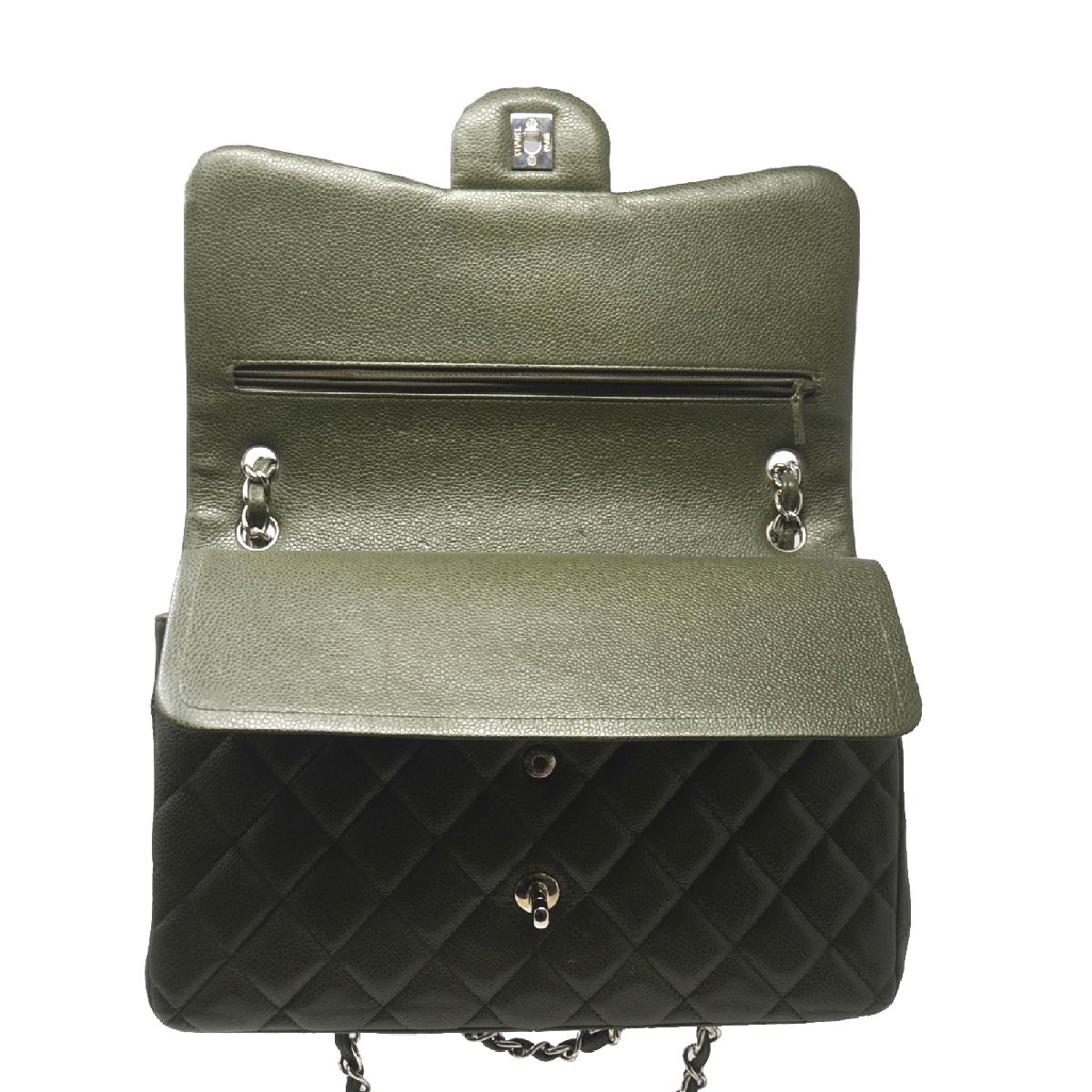  Chanel Olive Green Jumbo Double Flap Shoulder Bag With Card   4