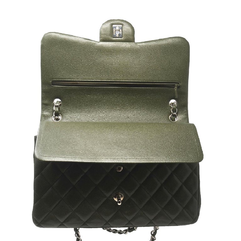Chanel Olive Green Jumbo Double Flap Shoulder Bag With Card at 1stDibs