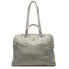 Chanel Gray Metallic GHW Perforated Leather Tote Handbag With Card