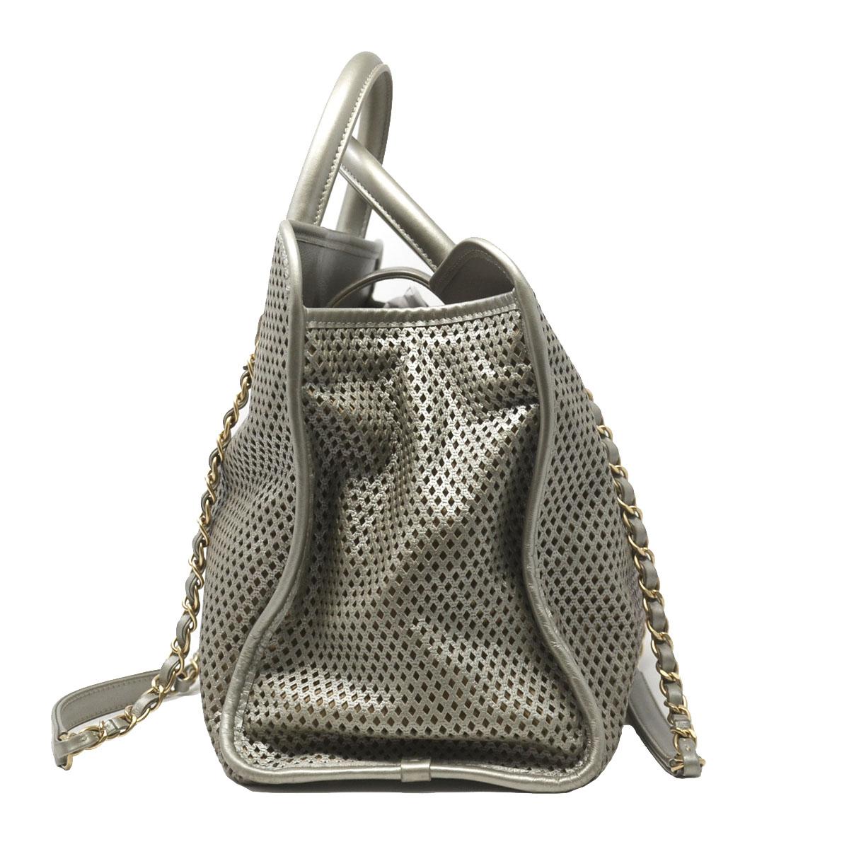 Chanel Gray Metallic GHW Perforated Leather Tote Handbag With Card In Good Condition In Boca Raton, FL
