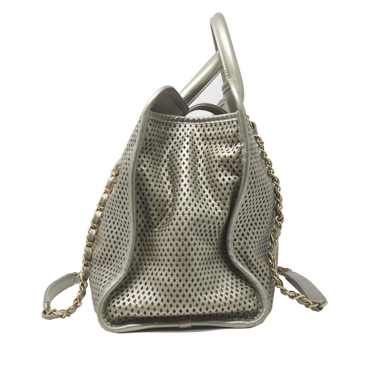 Women's Chanel Gray Metallic GHW Perforated Leather Tote Handbag With Card