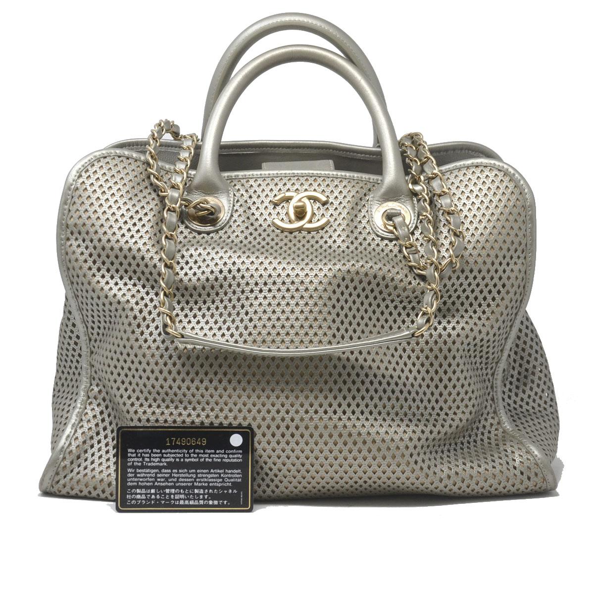 Chanel Gray Metallic GHW Perforated Leather Tote Handbag With Card 2