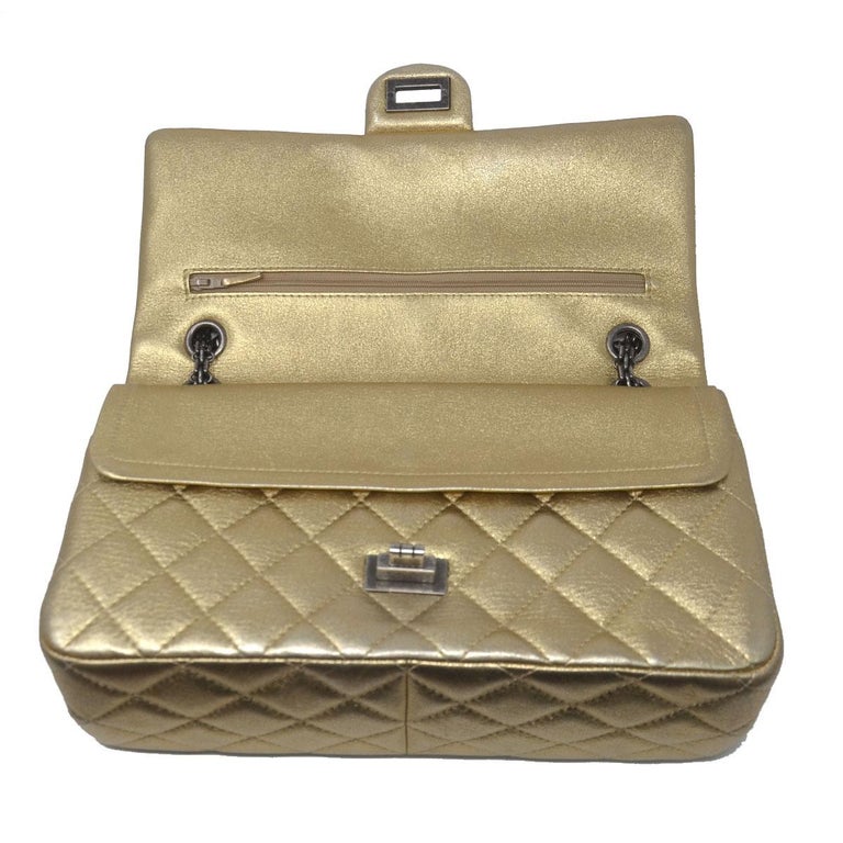 Chanel 2.55 Reissue Jumbo Double Flap Chevron Gold Leather Handbag at