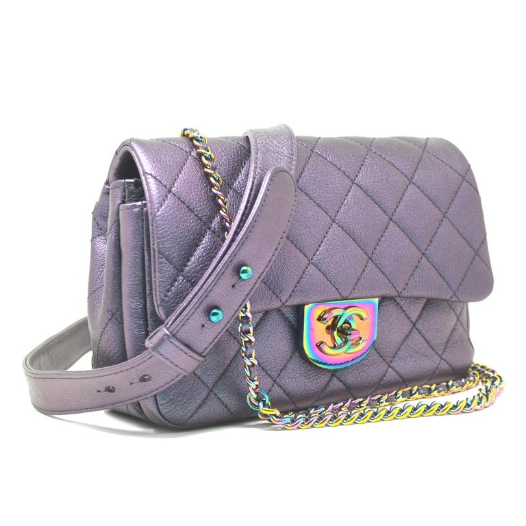 Chanel Iridescent Quilted Small Double Carry Waist Chain Flap Purple Handbag  For Sale at 1stDibs