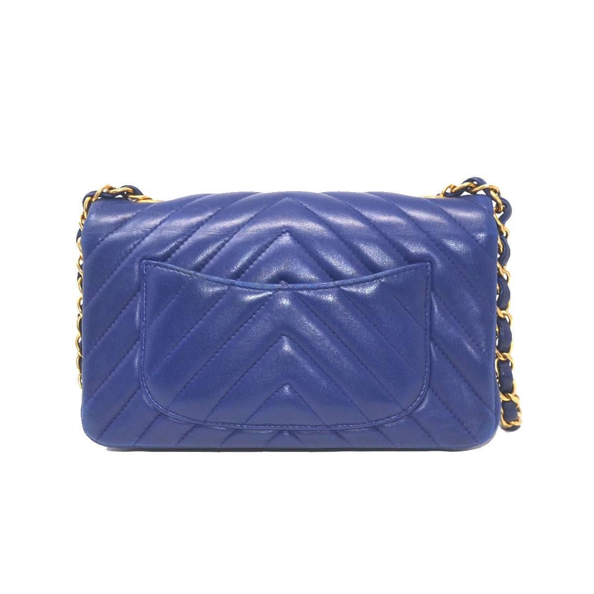 Chanel Small Flap Chevron Blue With GHW and Card 3