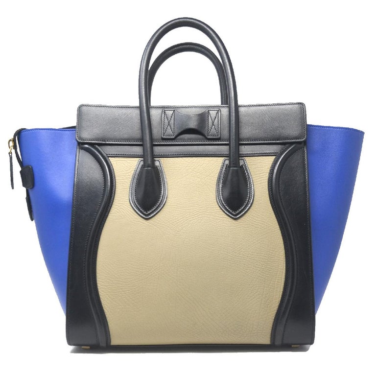 Celine Tri-Color Blue,Black and Beige Mini Luggage Leather Tote Handbag ...