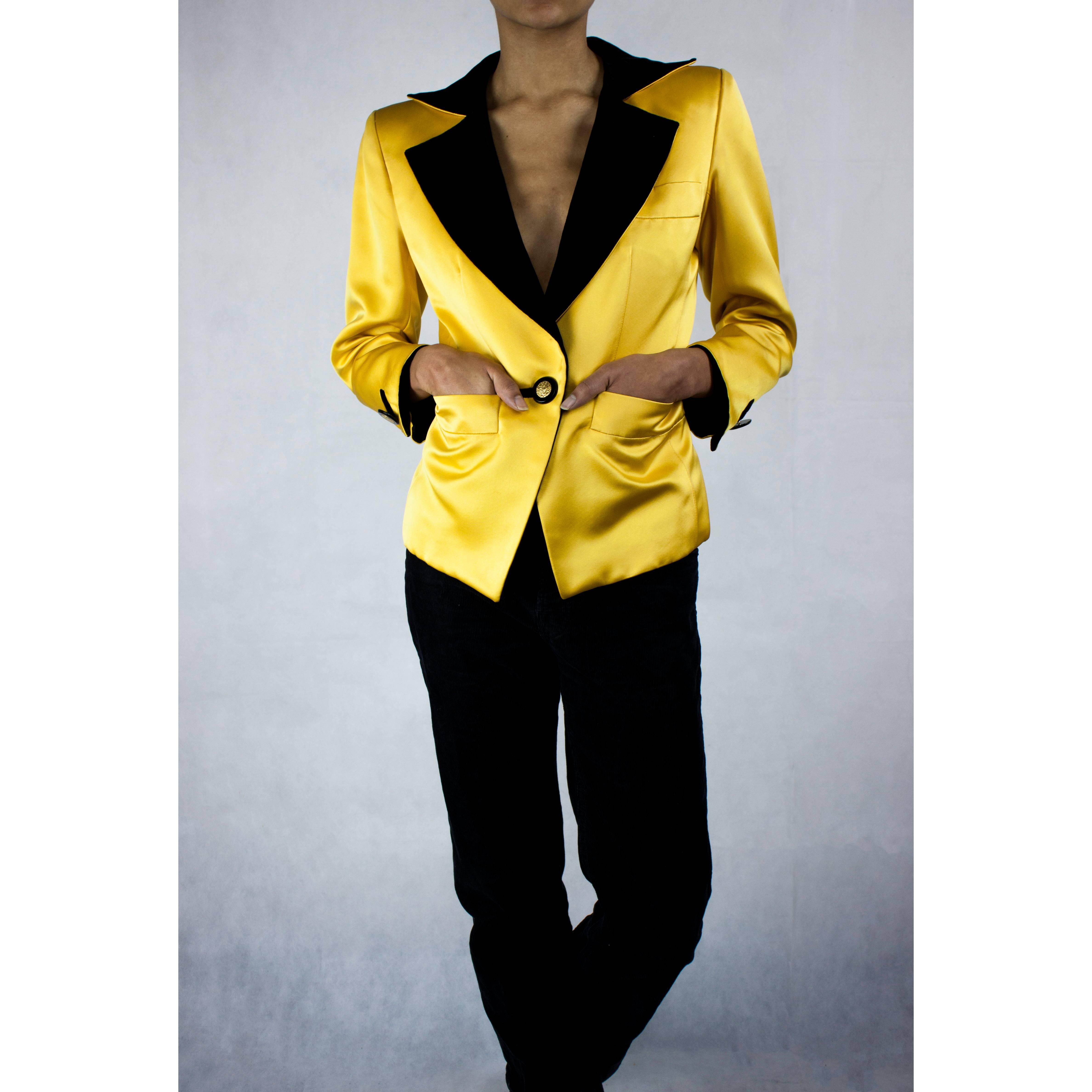 Yellow Yves Saint Laurent yellow satin tuxedo jacket, Fall 1988