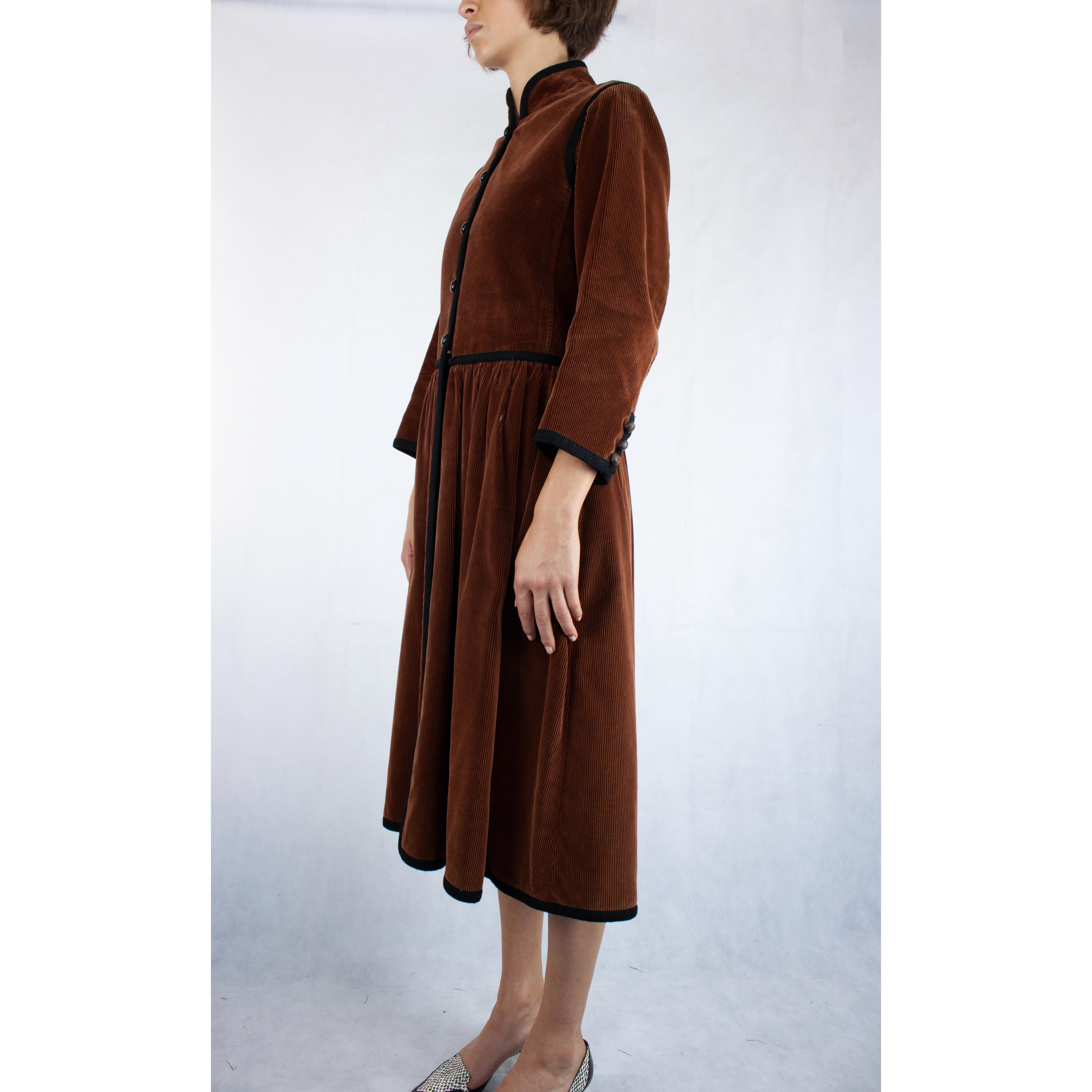 Black Saint Laurent chocolate corduroy Russian coat with quilted lining.Winter 1976-77