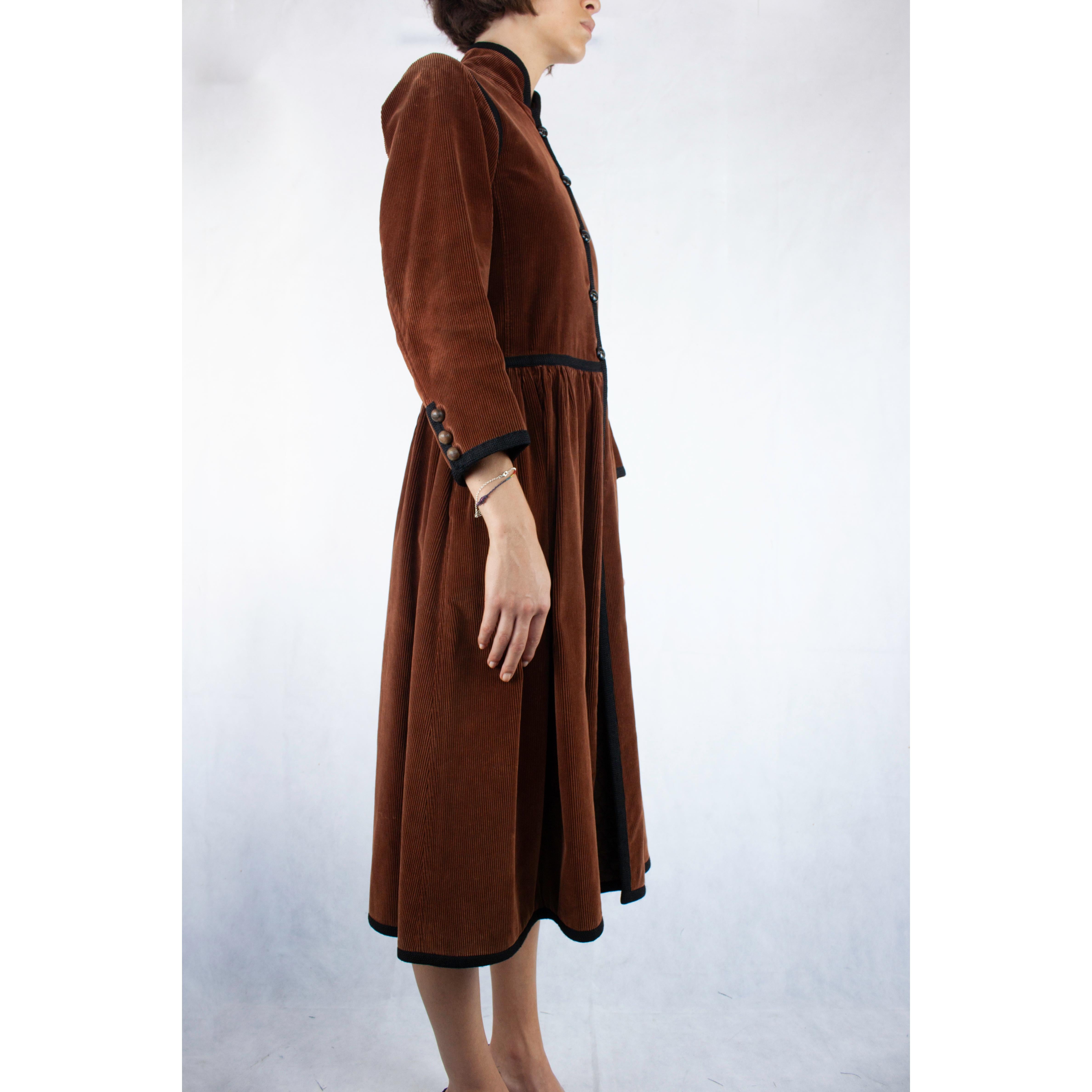 Saint Laurent chocolate corduroy Russian coat with quilted lining.Winter 1976-77 In Good Condition In London, GB