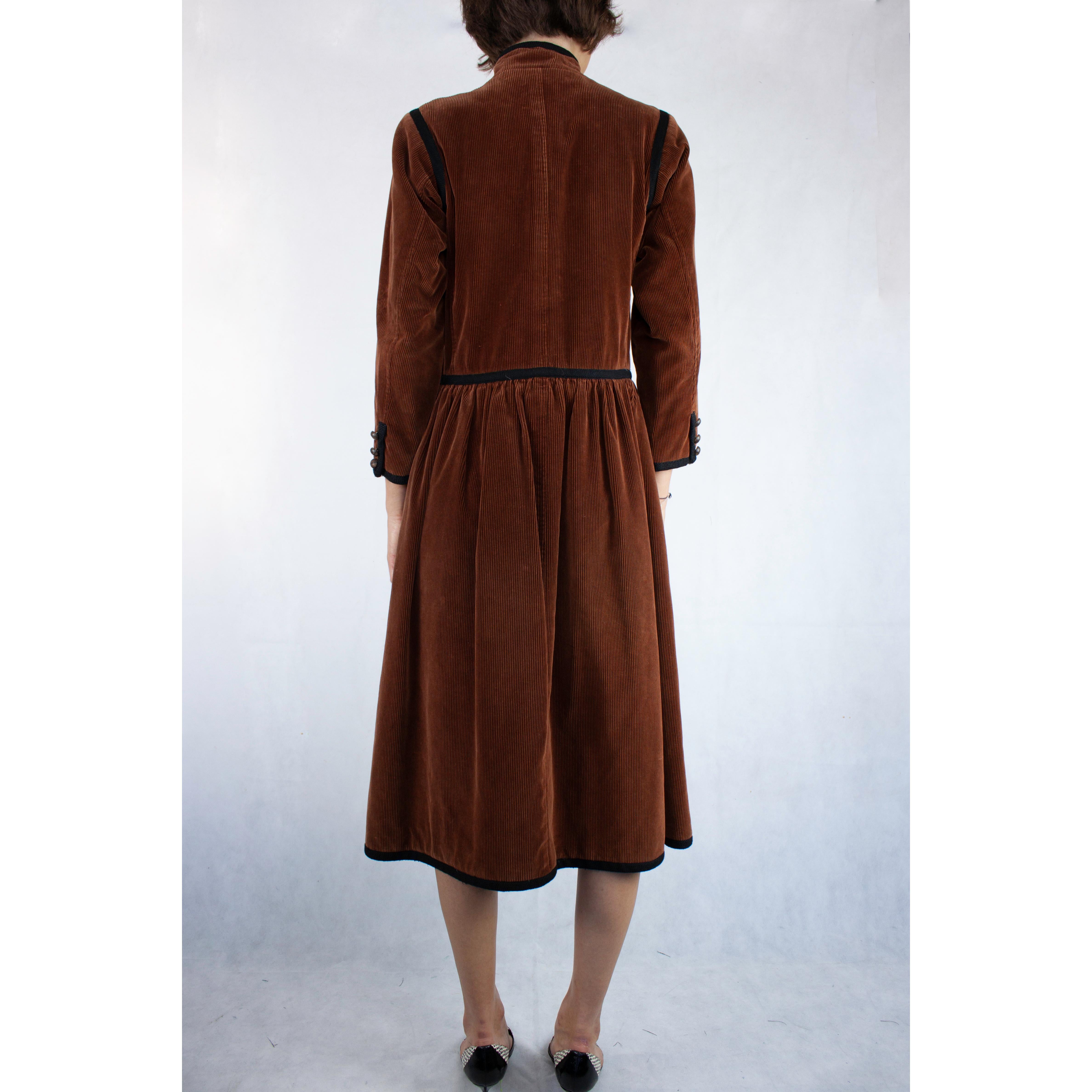 Women's Saint Laurent chocolate corduroy Russian coat with quilted lining.Winter 1976-77