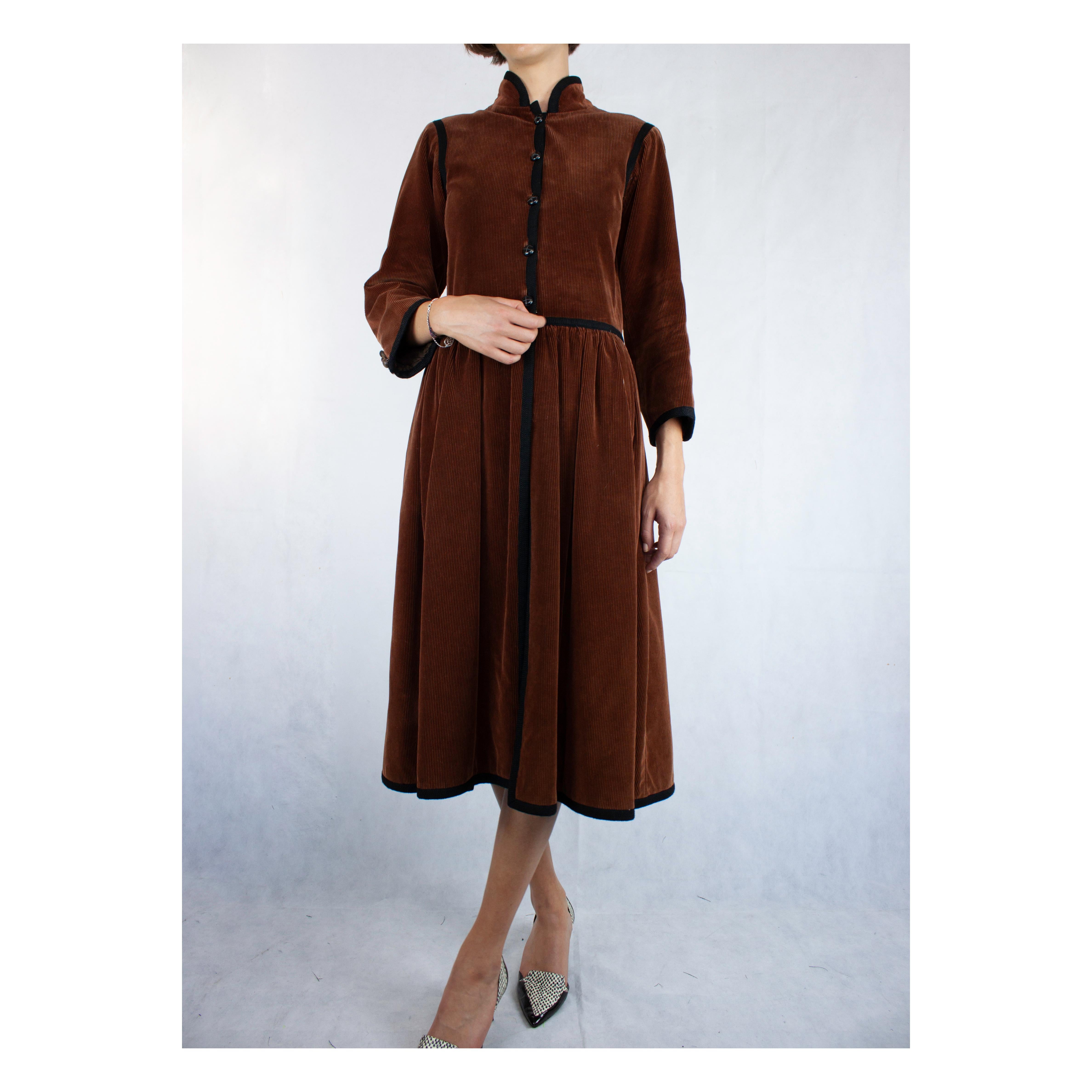 Saint Laurent chocolate corduroy Russian coat with quilted lining.Winter 1976-77 1