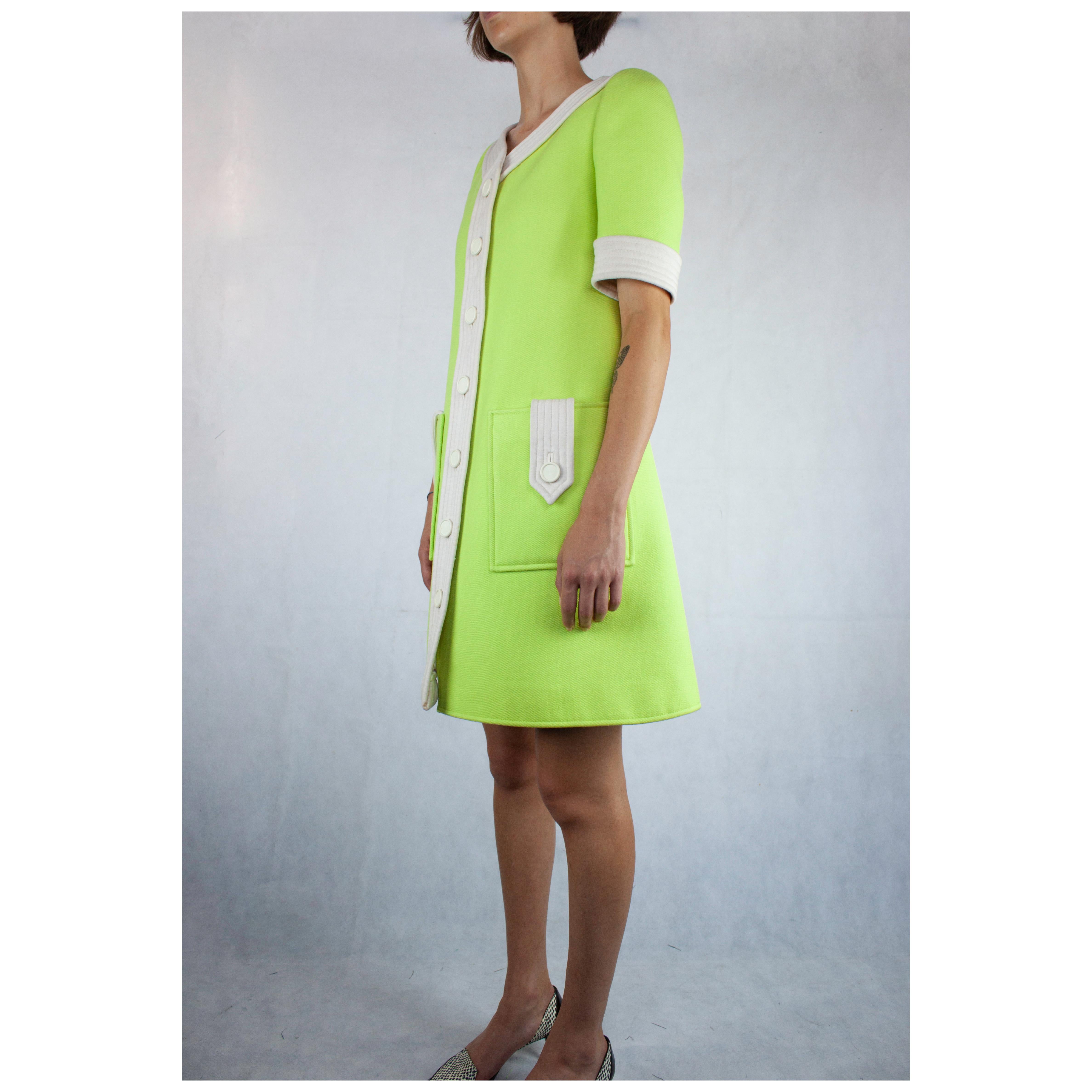 Green Courrèges numbered lime green and ivory wool dress. circa 1965 