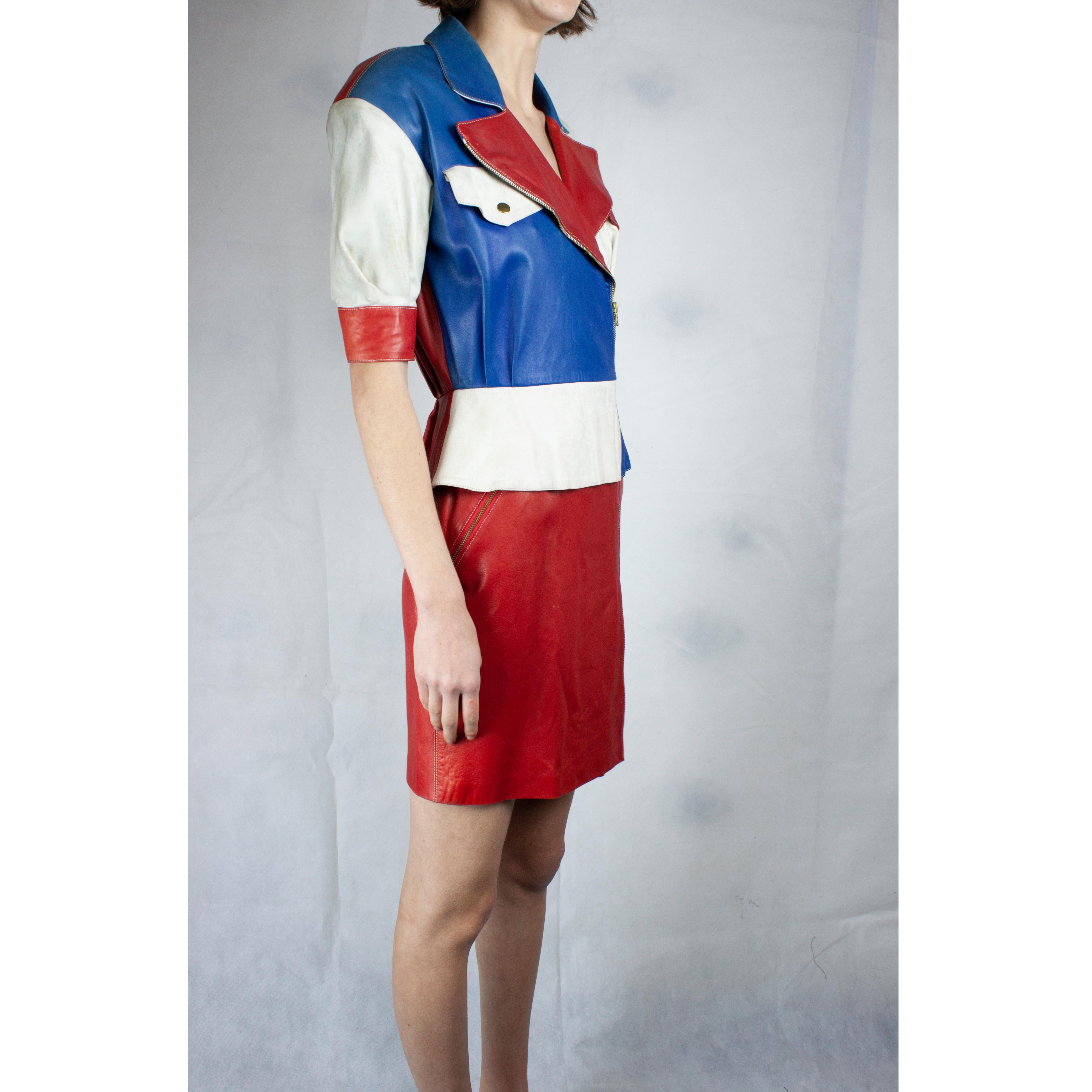Hermès tricolour lambskin peplum dress. circa 1980 In Fair Condition In London, GB