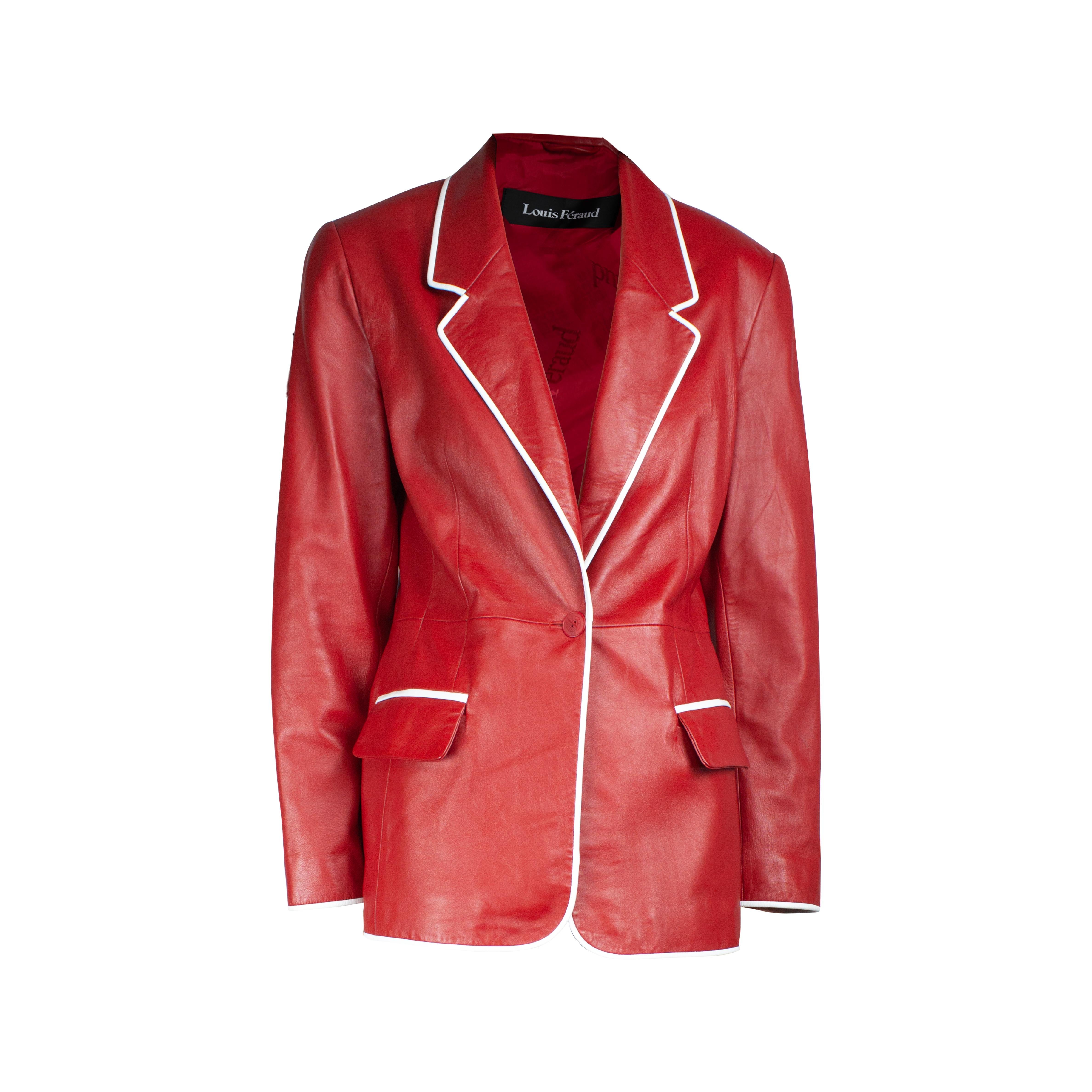 Louis Feraud red and white tailored leather jacket.circa 1980s For Sale