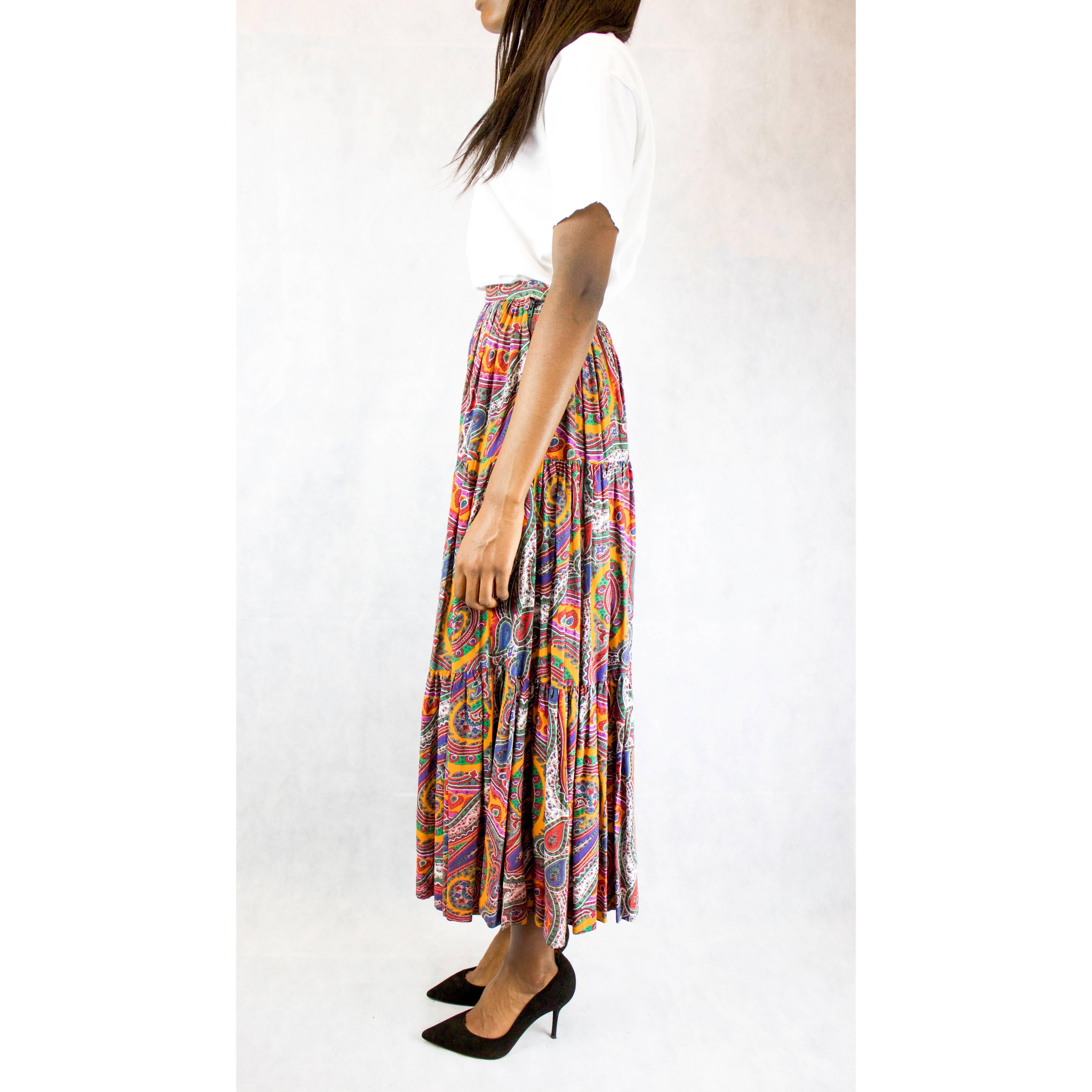 Brown Yves Saint Laurent long layered Paisley gypsy skirt, Fall Winter 1976