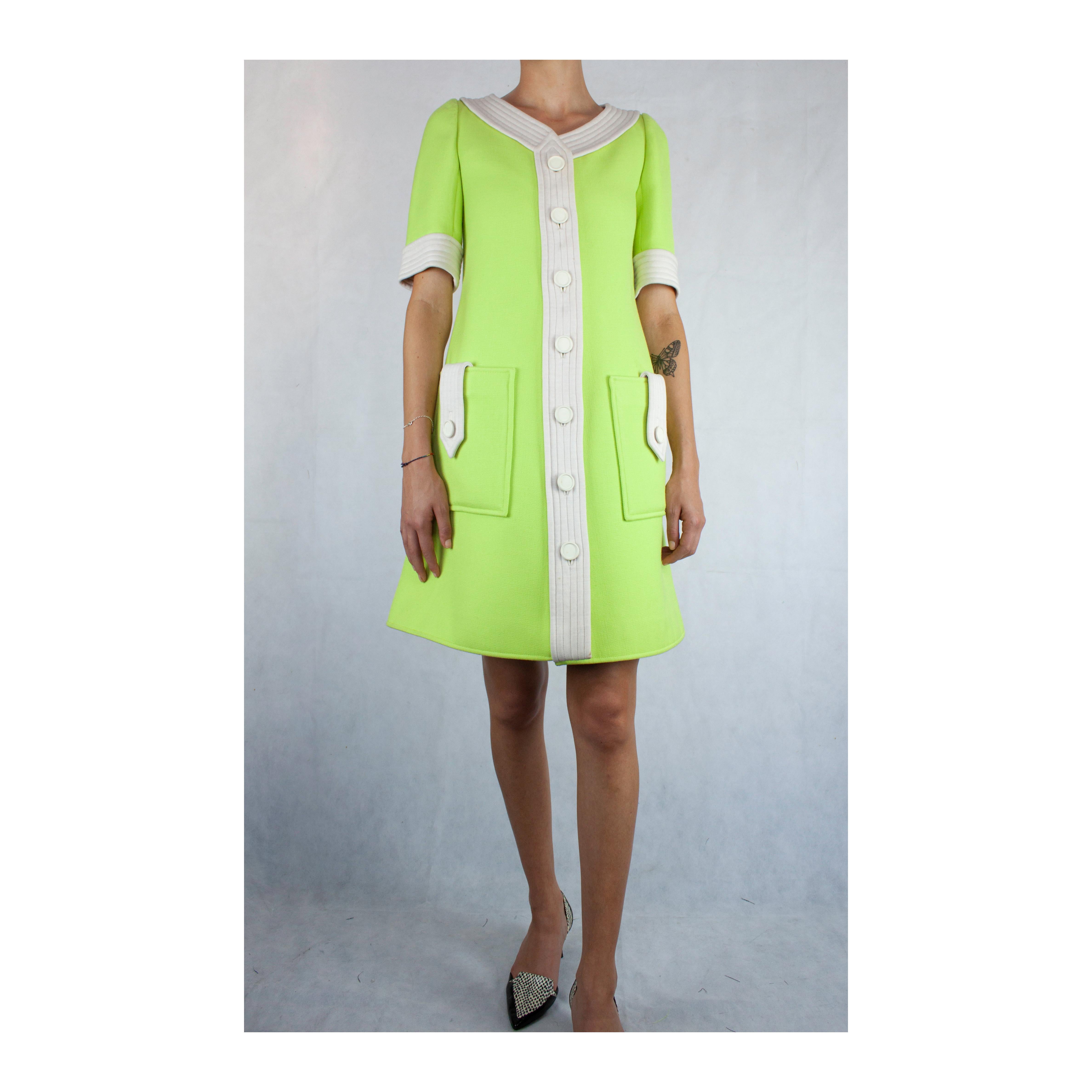 Women's Courrèges numbered lime green and ivory wool dress. circa 1965 