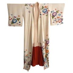 Antique Hand-Painted Japanese Ecru Furisode Silk Kimono