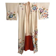 Antique Hand-Painted Japanese Ecru Furisode Silk Kimono 