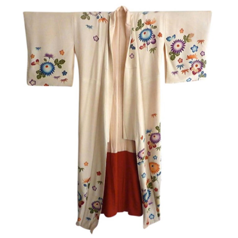 Antique Hand-Painted Japanese Ecru Furisode Silk Kimono For Sale at 1stDibs  | vintage silk embroidered kimono, vintage silk kimono, vintage embroidered  kimono