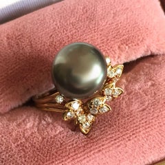 11MM South Sea Black Pearl 18K Gold Diamond Ring