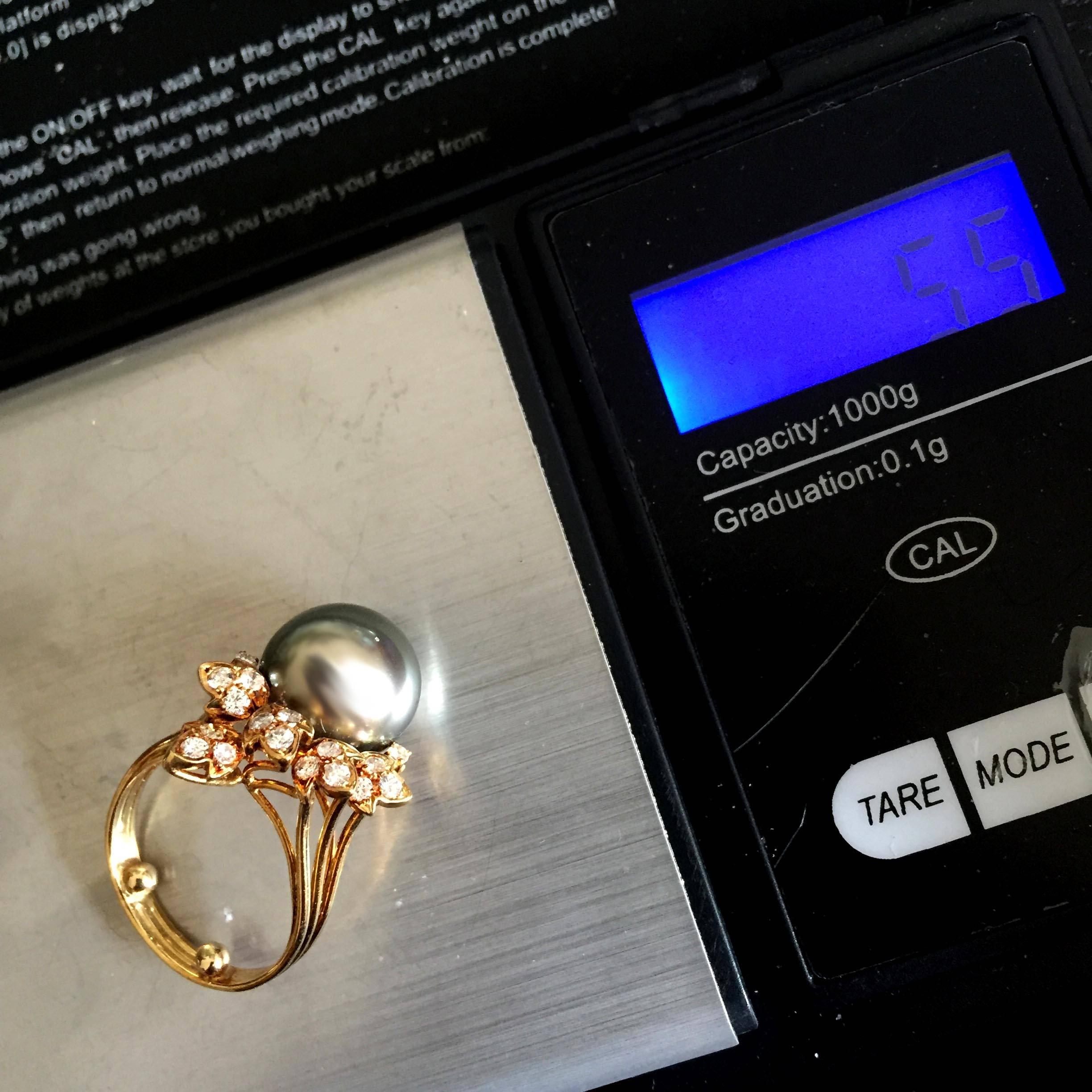 Brilliant Cut 11MM South Sea Black Pearl 18K Gold Diamond Ring For Sale