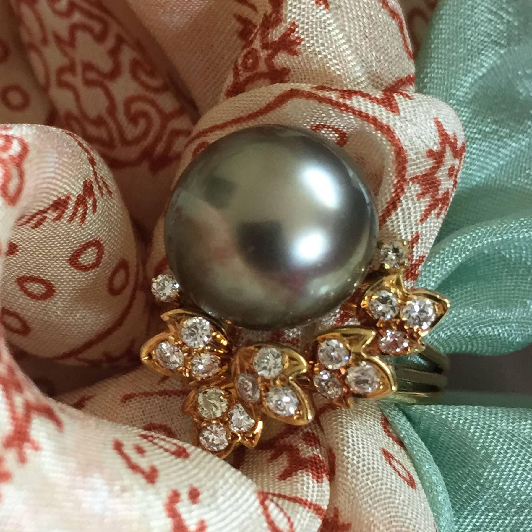 11MM Südsee-Diamantring mit schwarzer Perle aus 18 Karat Gold Damen im Angebot