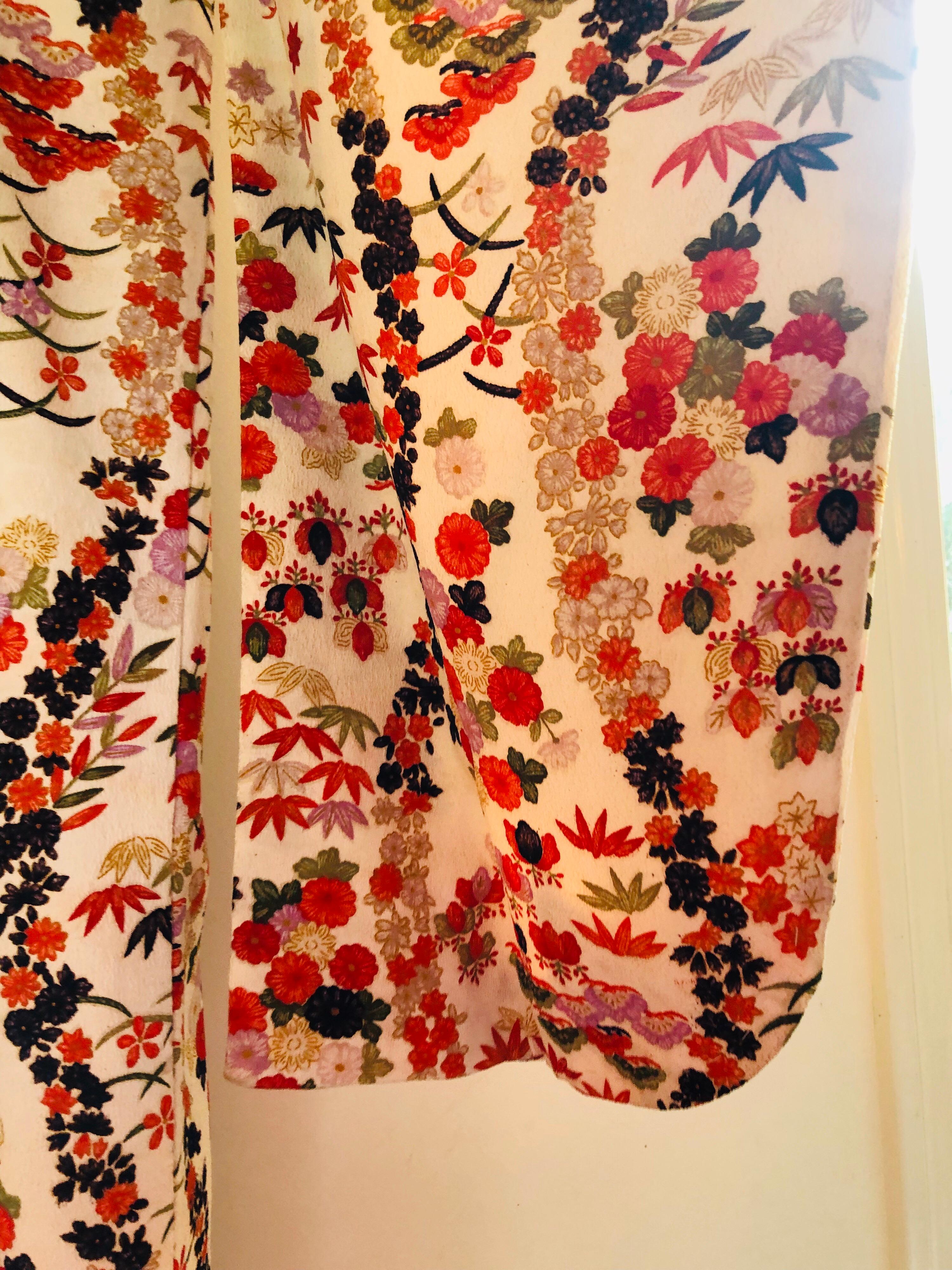 Vintage Kirschblüte Japanisch rosa rot gold handbemalt Ecru Seide Kimono 8