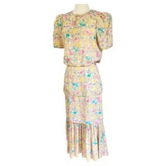 Vintage Flora Kung floral print 3-tier silk CATIA midi dress in almond