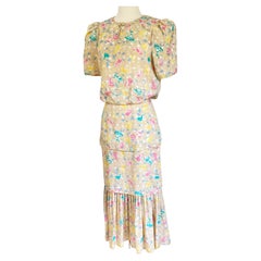 Retro Flora Kung floral print 3-tier silk CATIA midi dress in almond