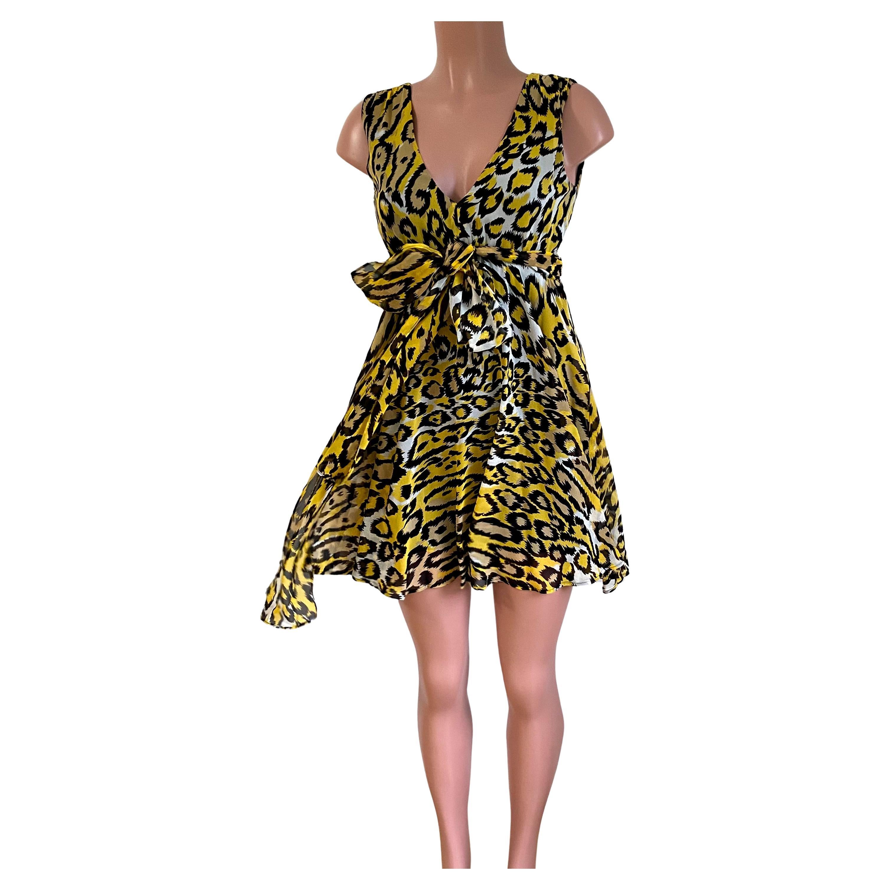 Yellow Black FLORA KUNG Plunge V Silk Georgette Mini Dress NWT For Sale