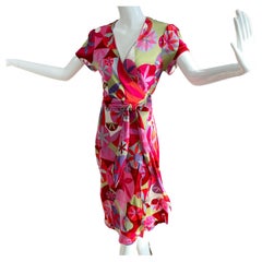 FLORA KUNG Pink Green Lily Pad Print Silk Jersey Wrap Midi Dress - NWT