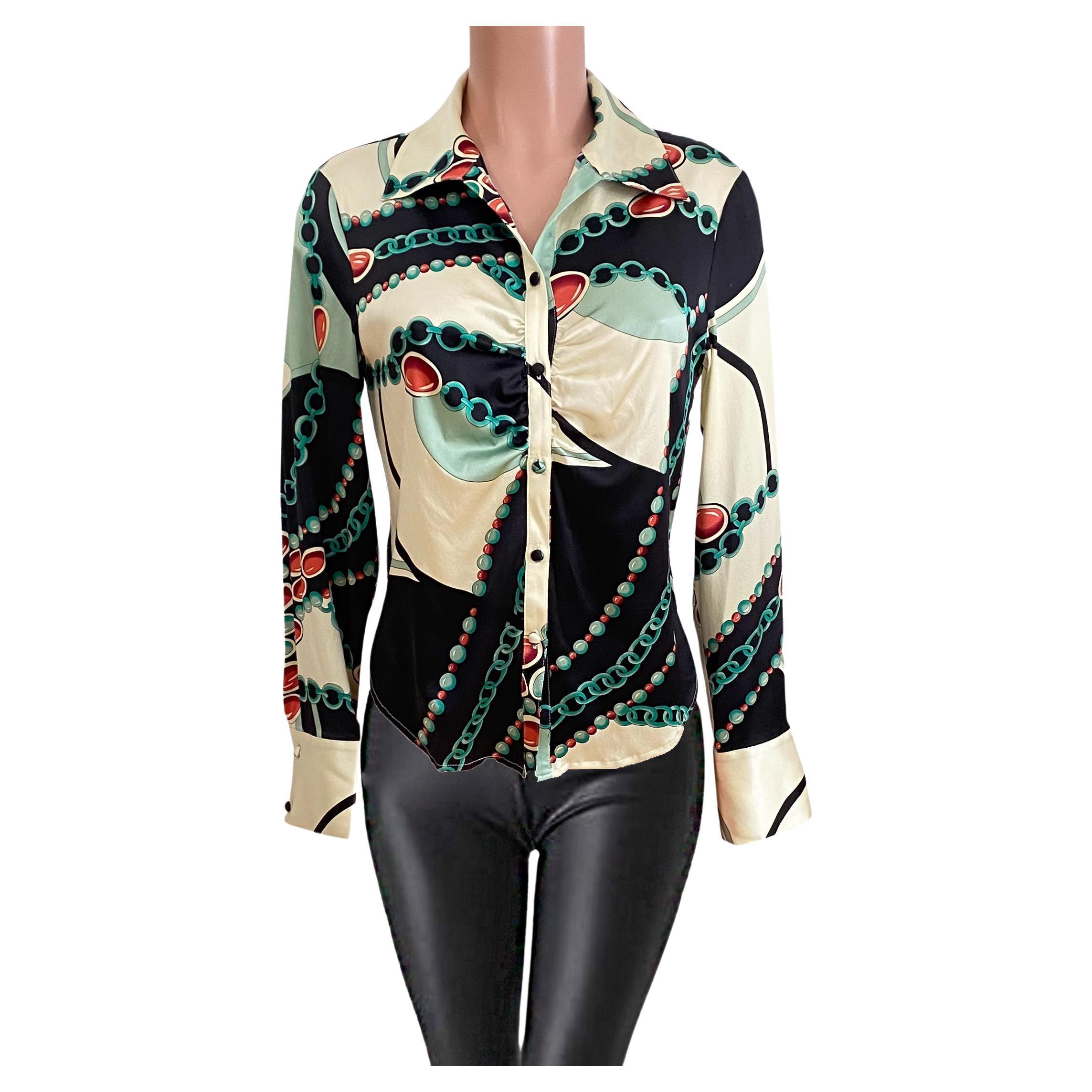 FLORA KUNG Ecru Celadon Jewel Print Button Down Silk Shirt Blouse - NWT For Sale