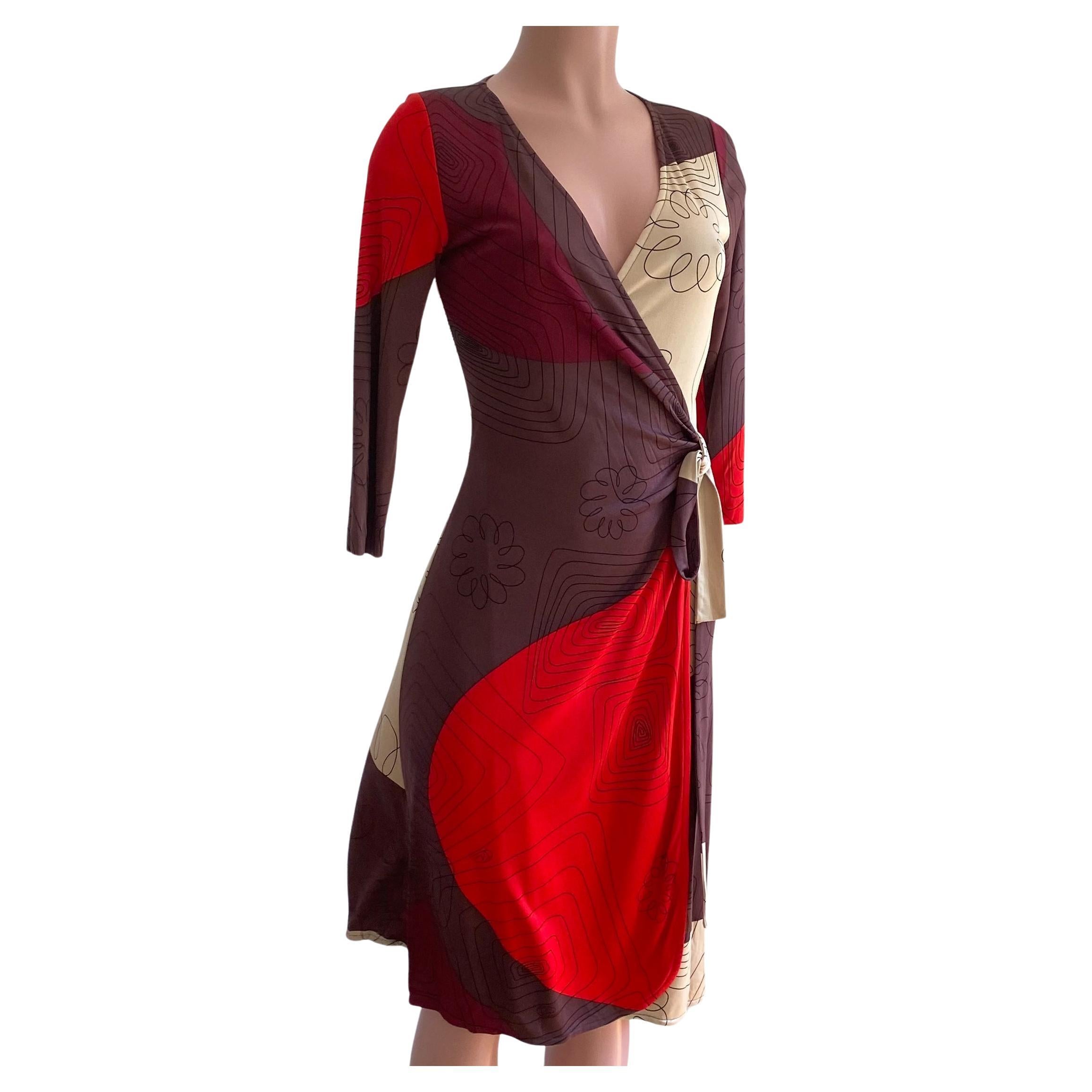 Flora Kung Mocha Red Scribble Print Silk Wrap Flare Dress NWT For Sale
