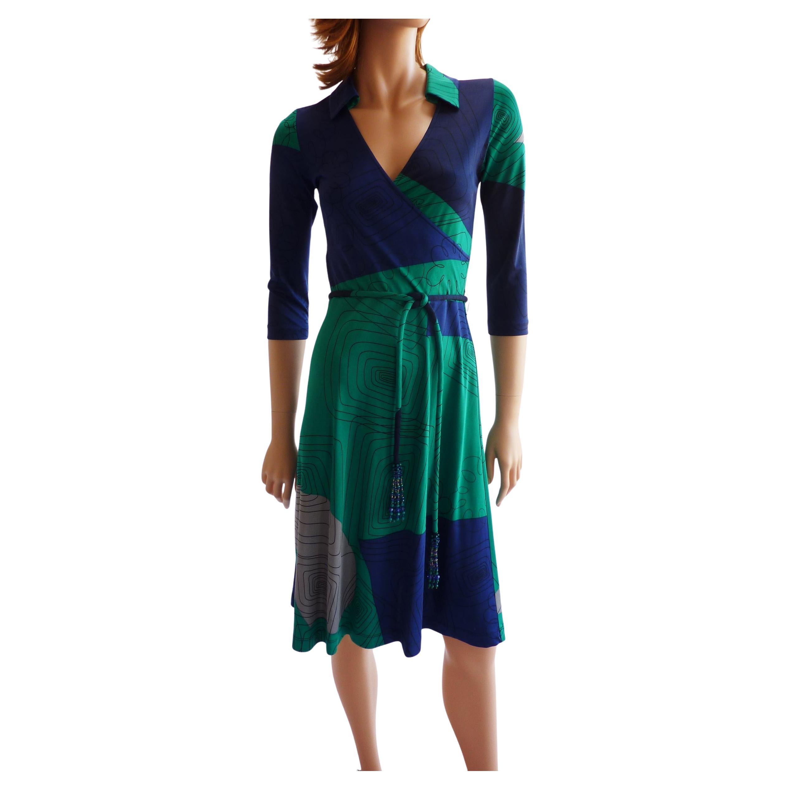 Blue Green Mock Wrap Flora Kung Silk dress + detachable cord belt NWT  For Sale