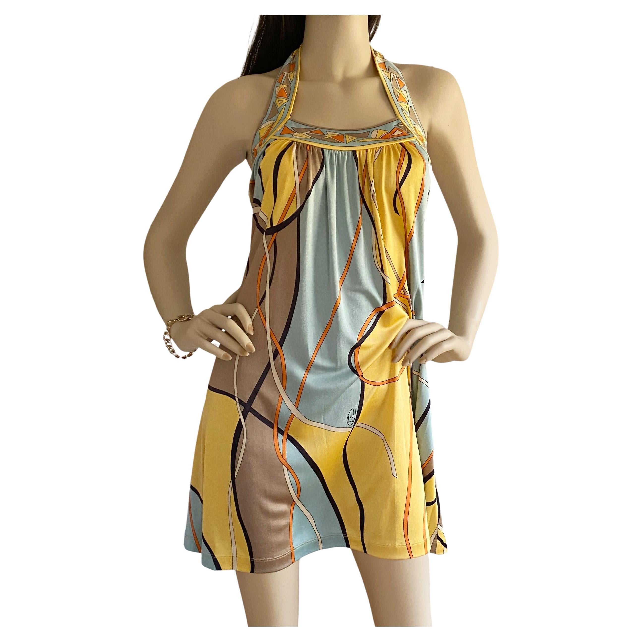 Yellow twin print mini halter silk jersey dress - NWT Flora Kung For Sale