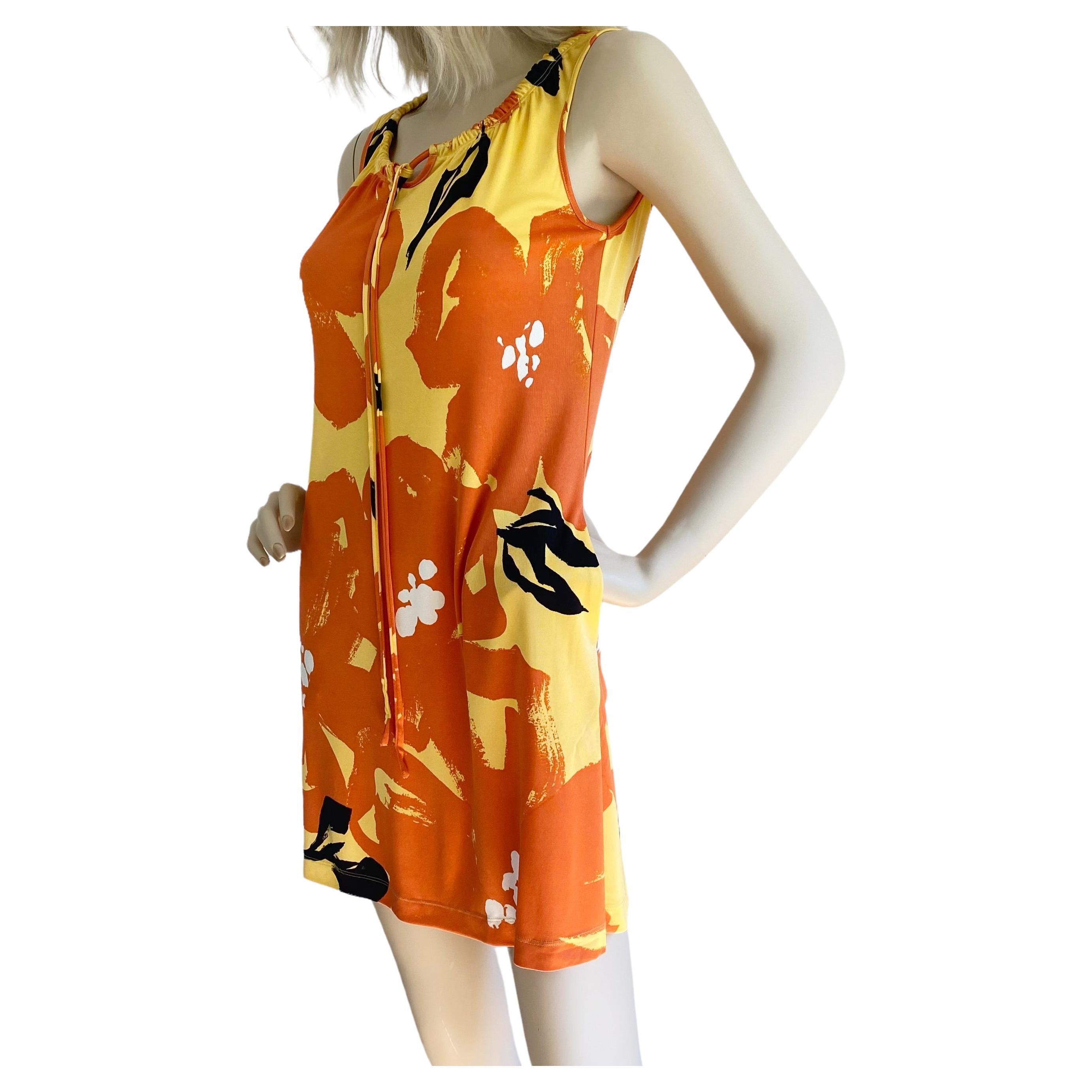 Flora Kung Yellow Floral print Silk Jersey Mini sac dress with POCKETS  For Sale